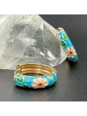 Light Blue Floral Enamel Huggie Earrings #1352-LT BLUE